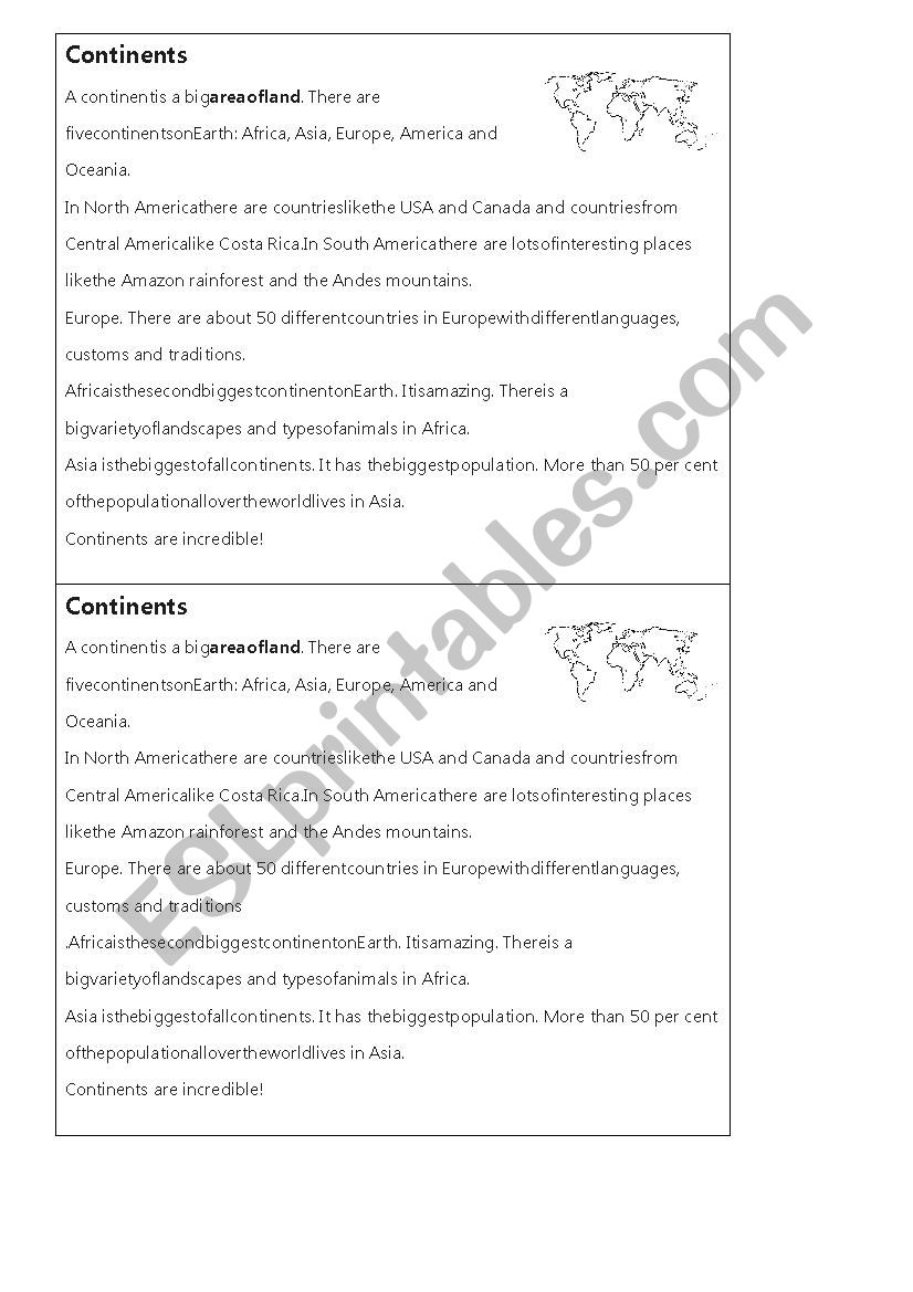 The Continents - Reading + Comprehension questions 