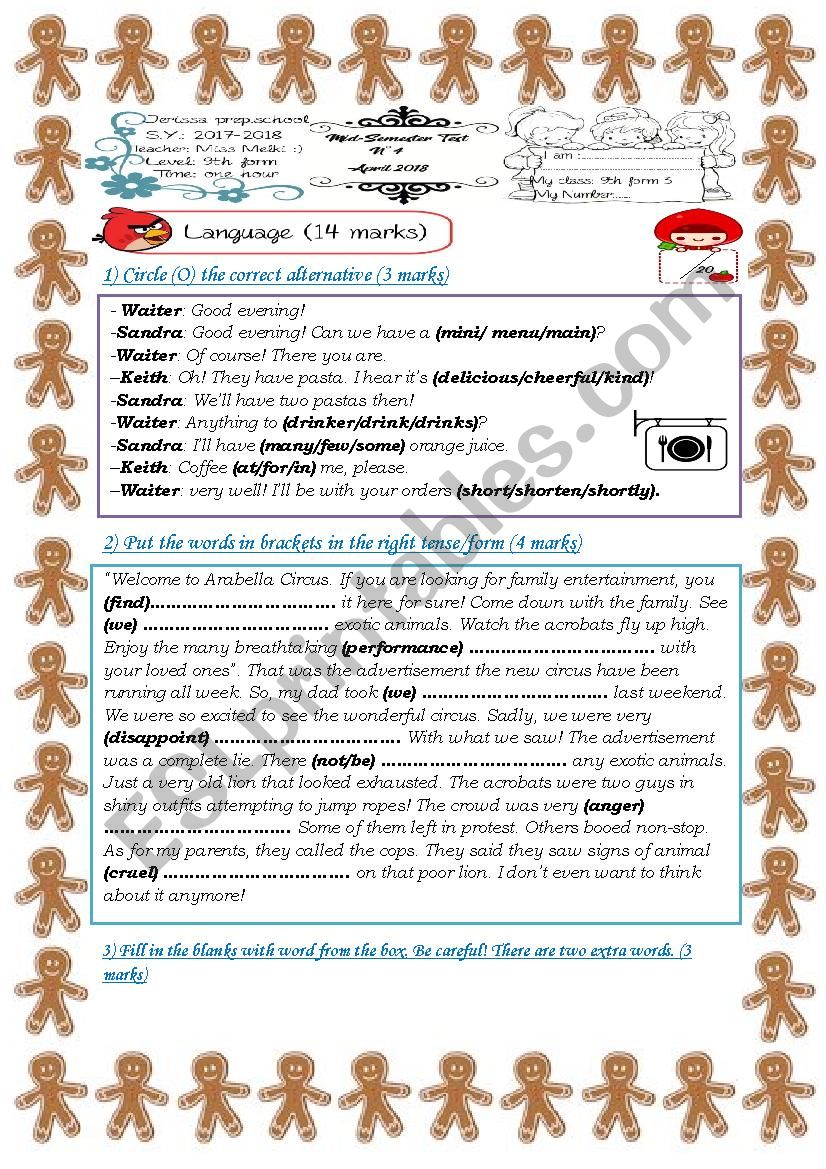 9th form test 4 2017-2018 worksheet