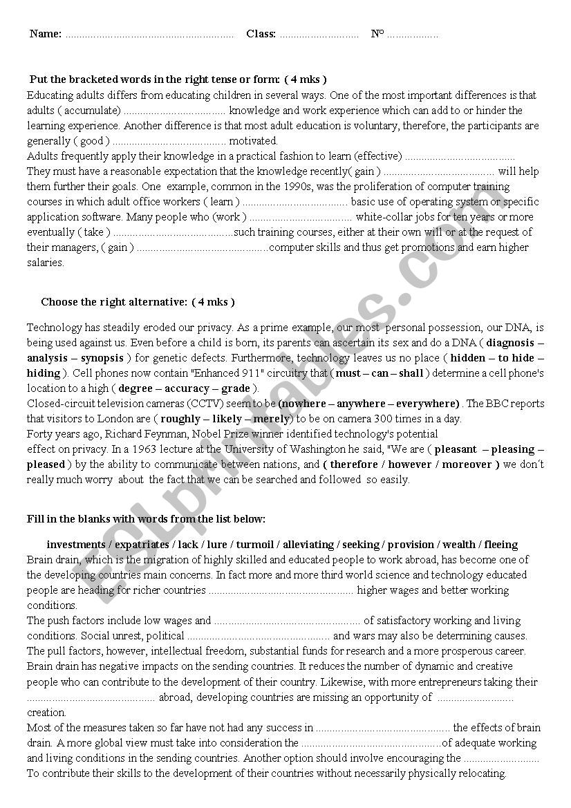 mid term test 2 4th form worksheet