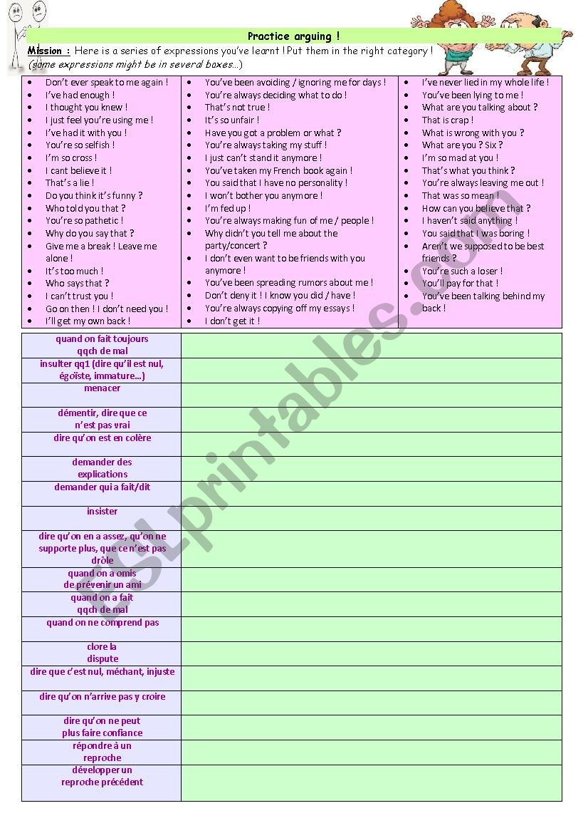 Arguing vocabulary worksheet