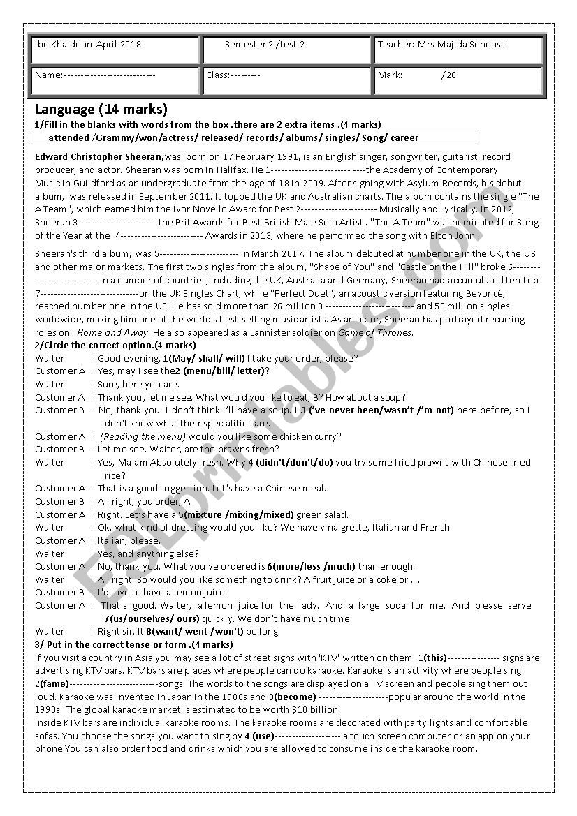 9th form emester2 test2 April 2018