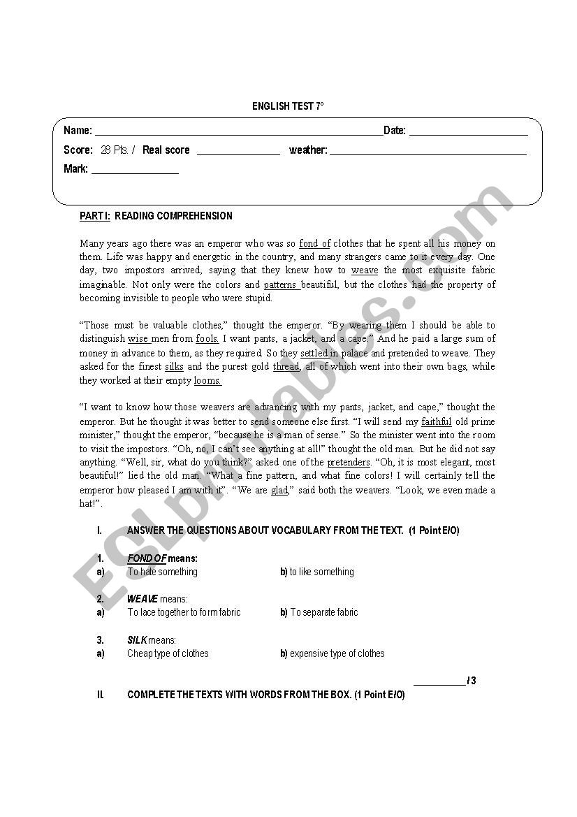 Reading and listening test  worksheet