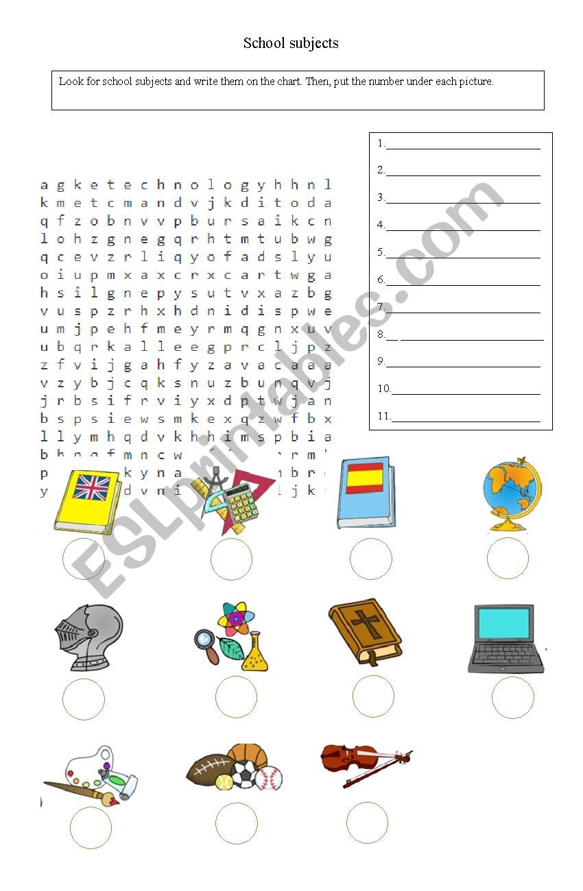 School subjects worksheet