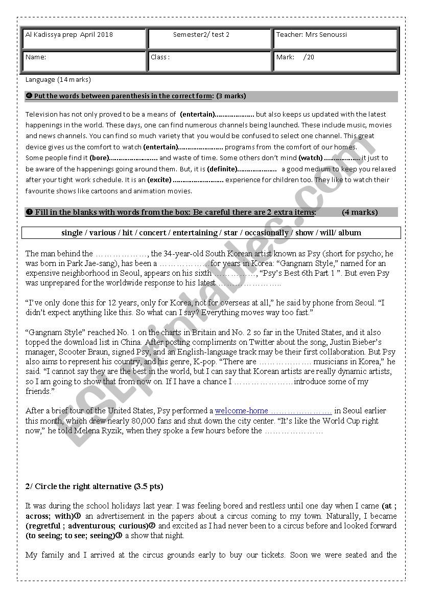 9th form semester 2 test2 worksheet