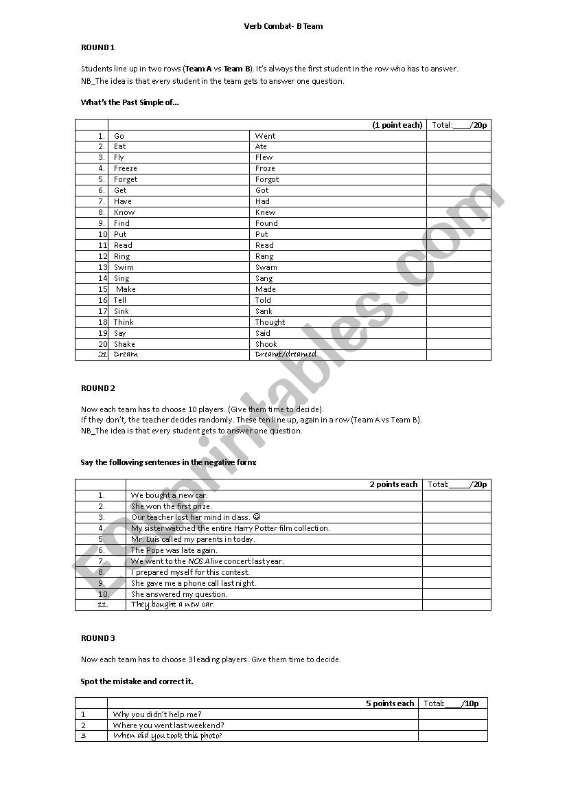 Verb combat_B_Team worksheet