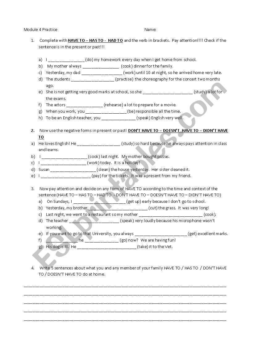 have to/ has to/ had to worksheet
