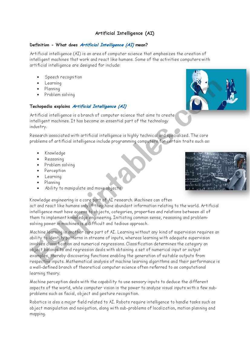 artficial intelligence worksheet