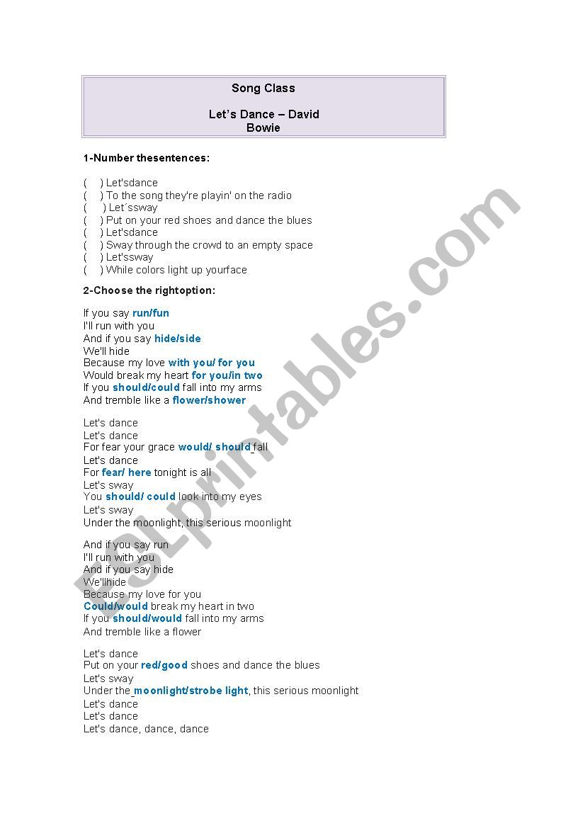 David Bowie - Lets dance worksheet