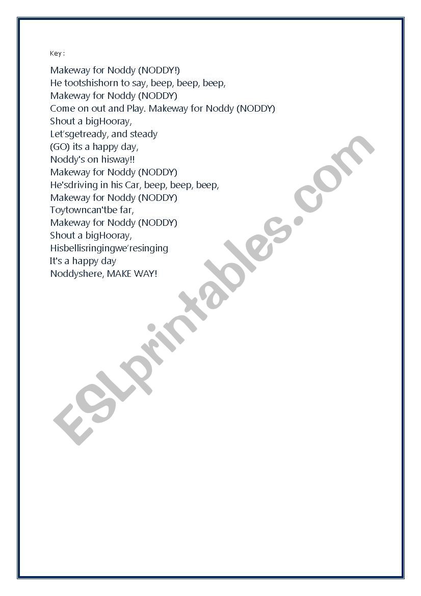 Noddy Opening Theme / song: Make way for Noddy - ESL worksheet by loreleiscot Noddy Opening Theme / song: Make way for Noddy - ESL worksheet by loreleiscot