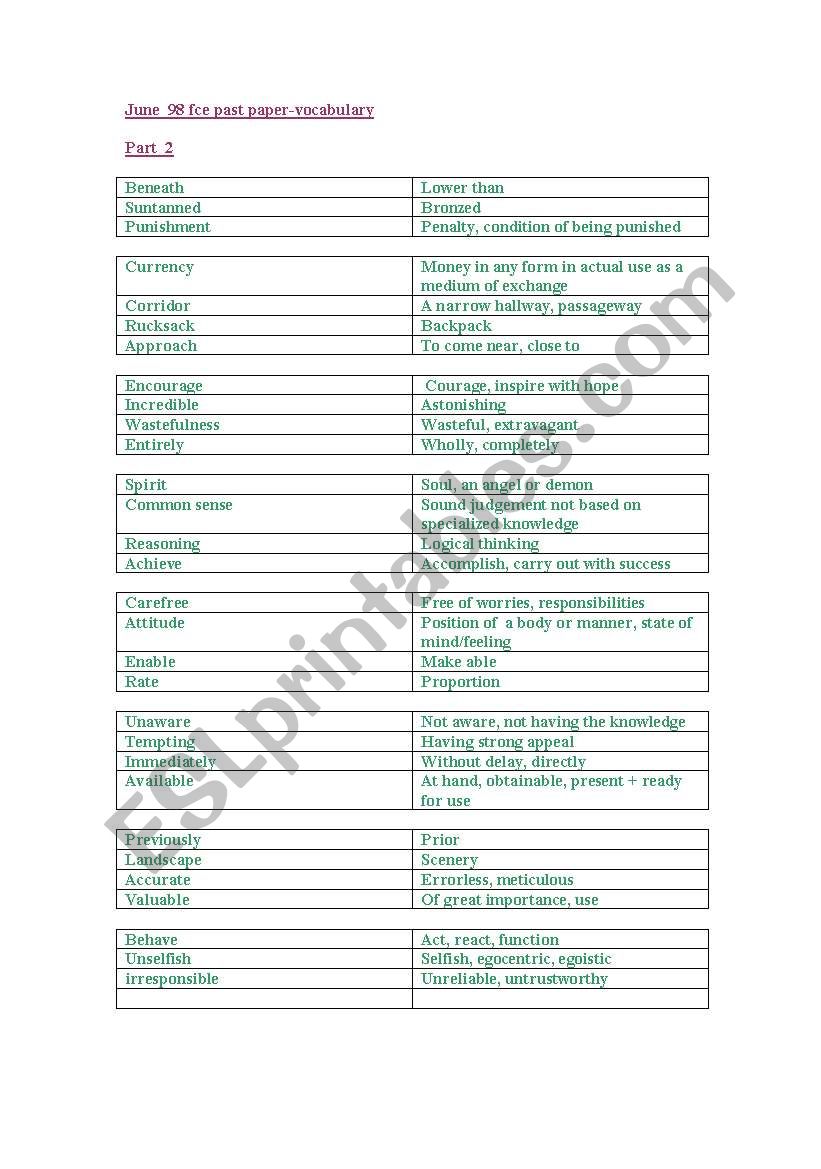 fce past paper vocabulary worksheet