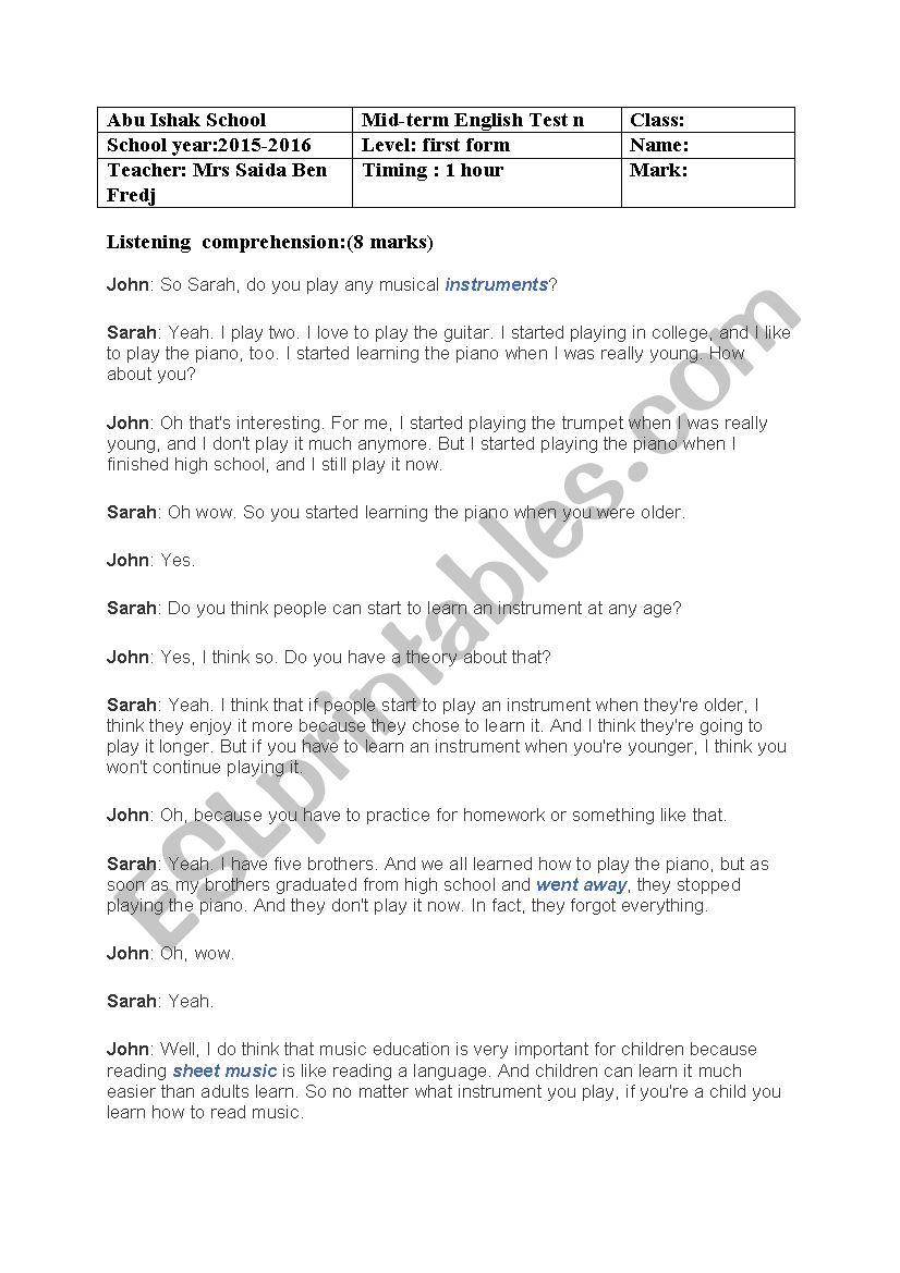 mid term test n 1 worksheet