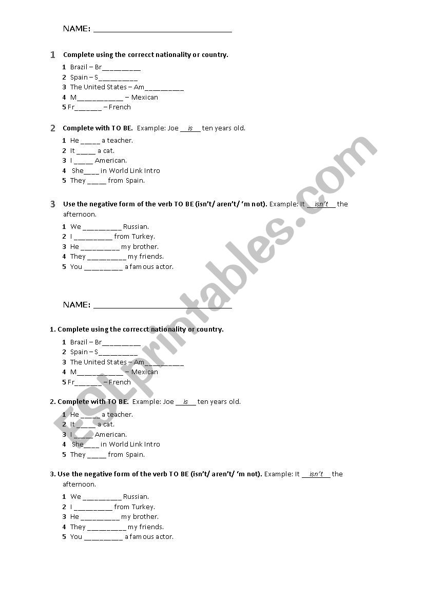 quiz about nationalities and verb to be