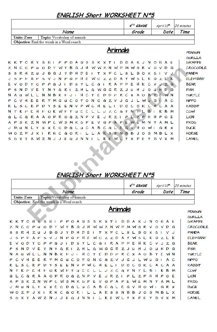 Animals Word Search worksheet