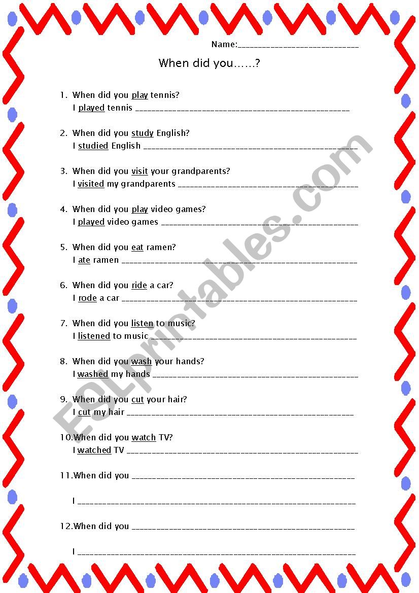 WHEN DID YOU......? worksheet