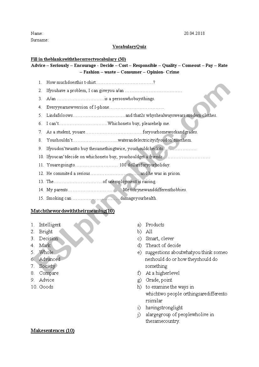 Vocabulay Exercise worksheet