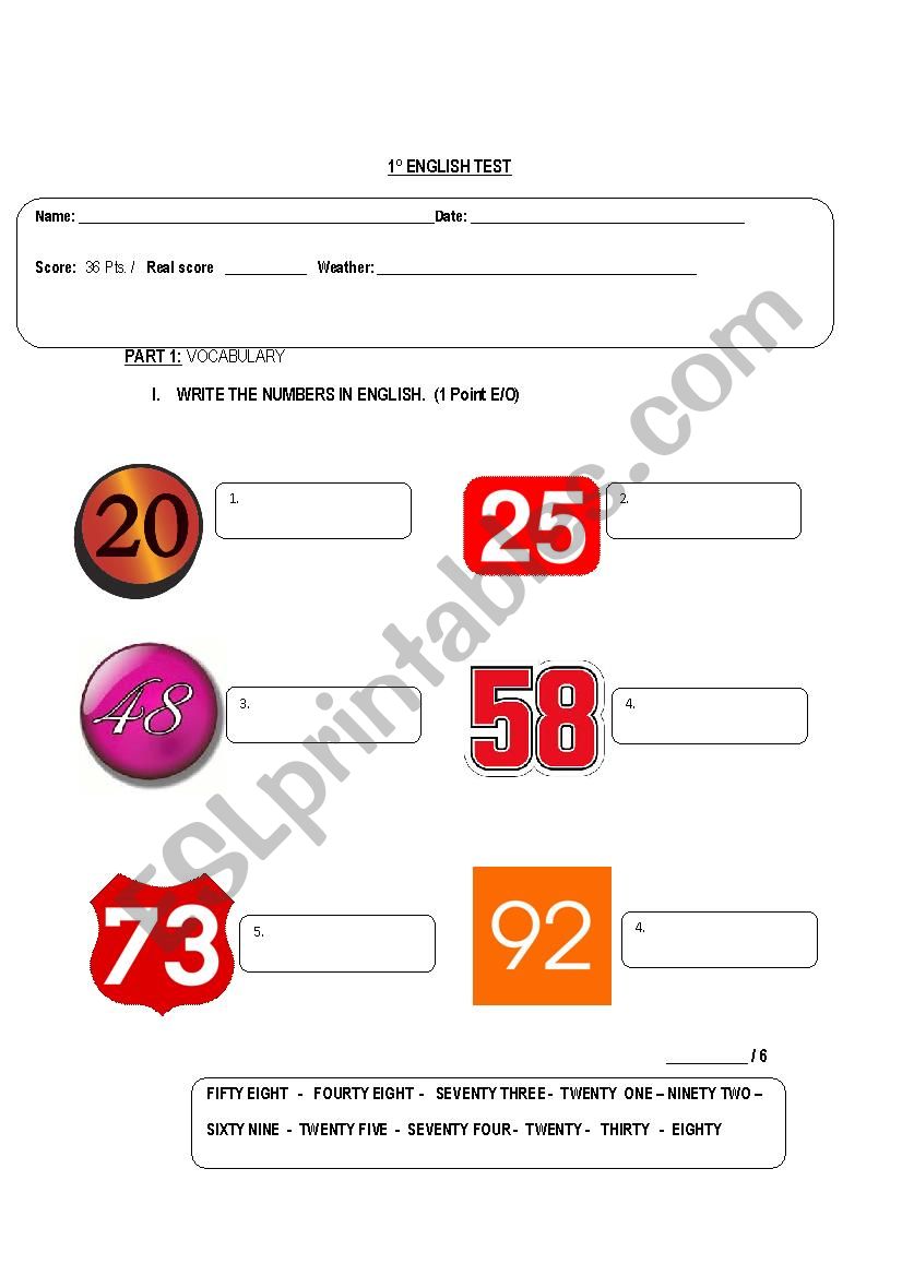 English test about numbers  worksheet