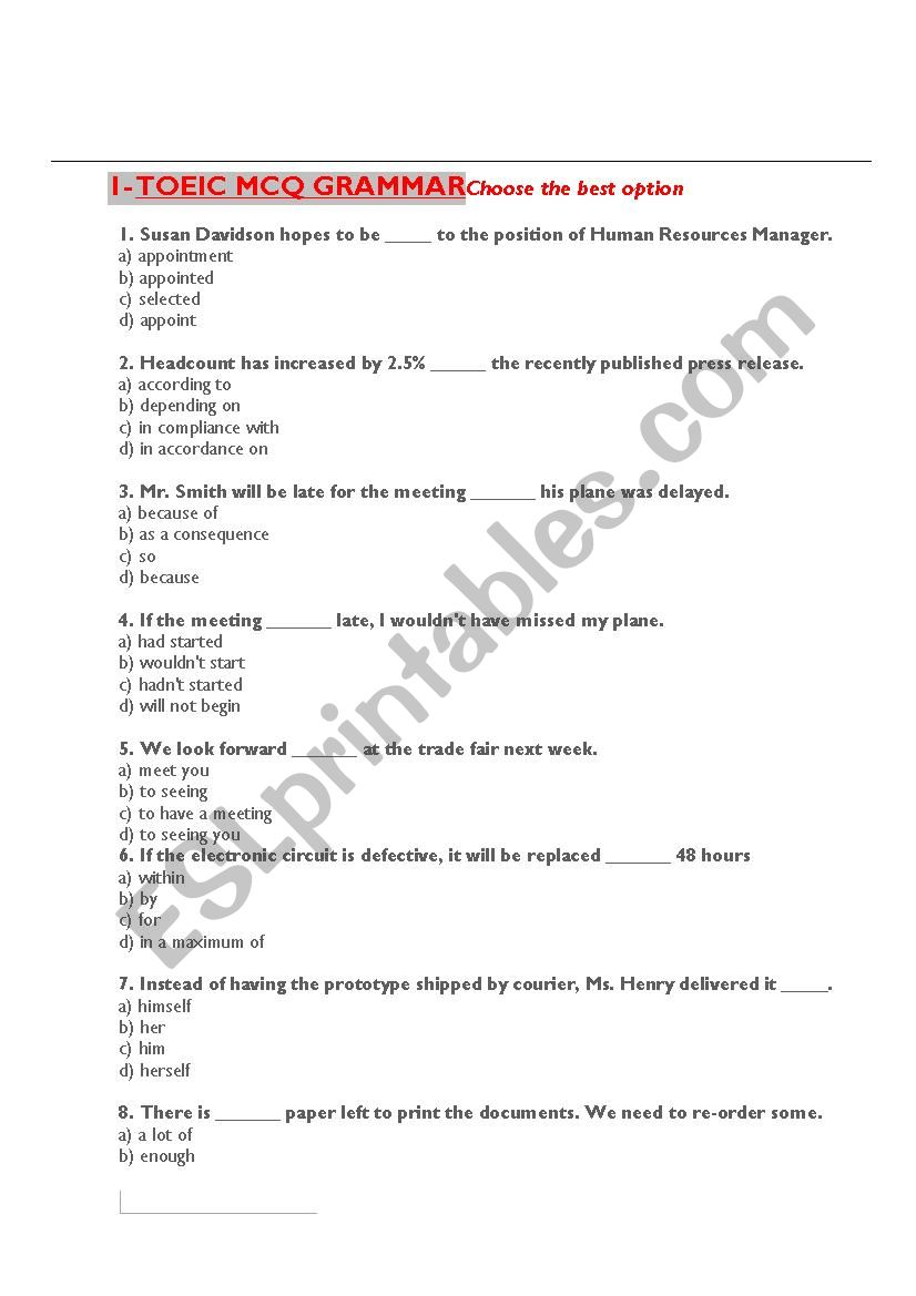 TOEIC GRAMMAR . PART 5 worksheet