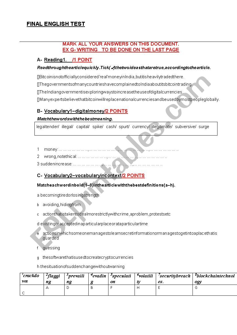 READING COMPREHENSION TEST ON BITCOINS