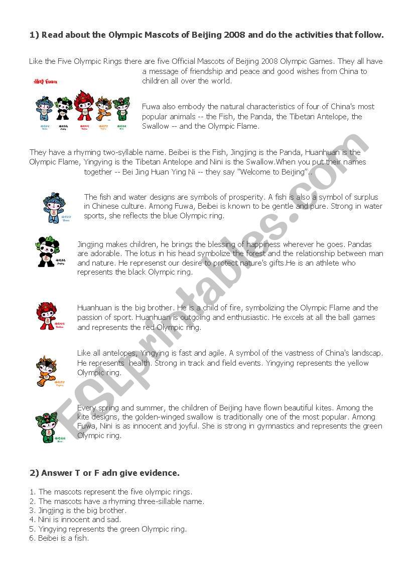 Olympic Mascots worksheet