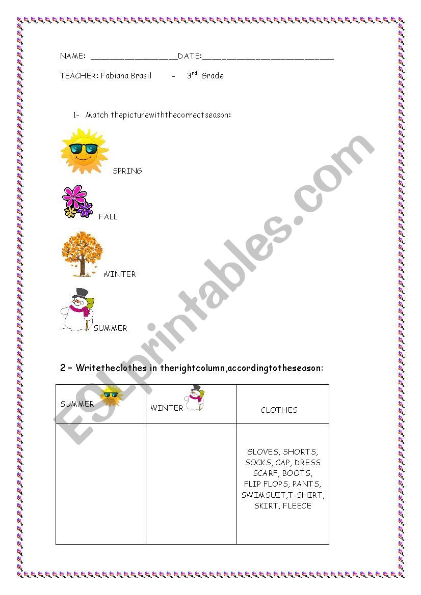 Clothes and seasons worksheet