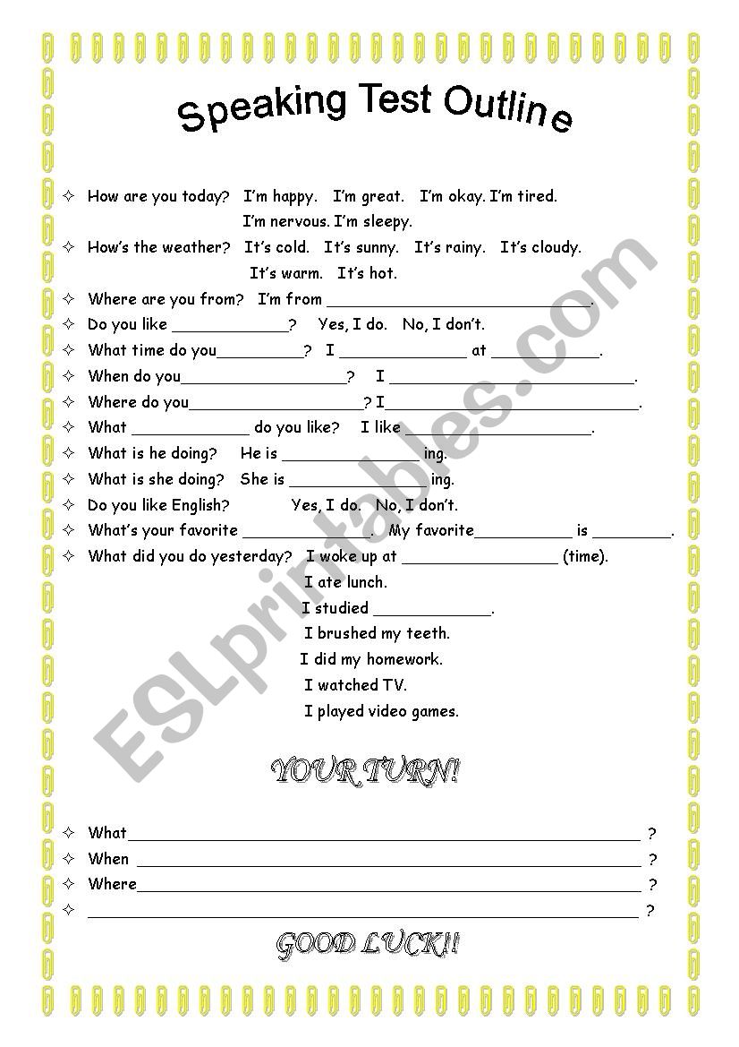 SPEAKING TEST OUTLINE worksheet