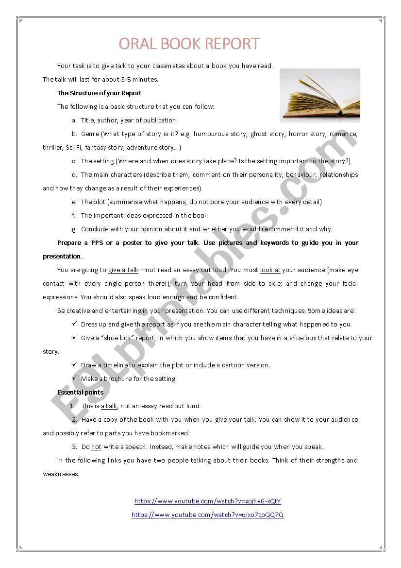 Oral Book Report worksheet