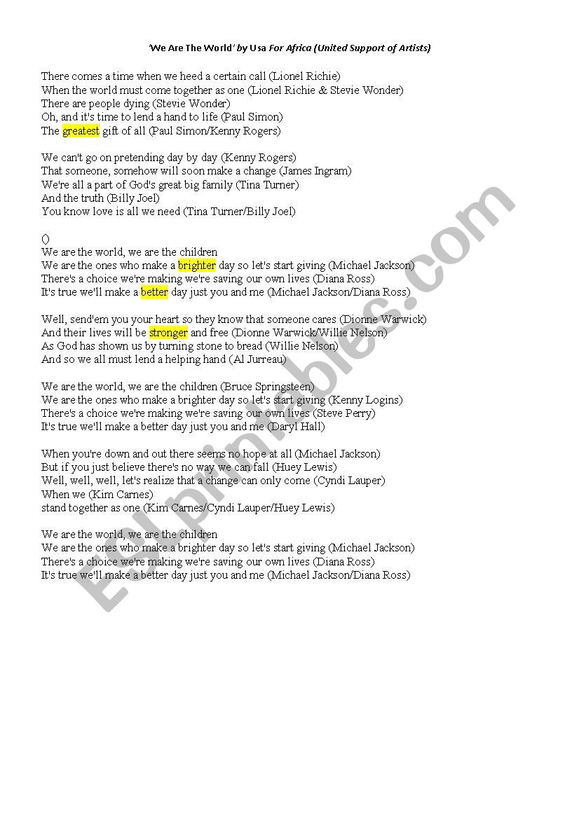 Song: we ra the world worksheet