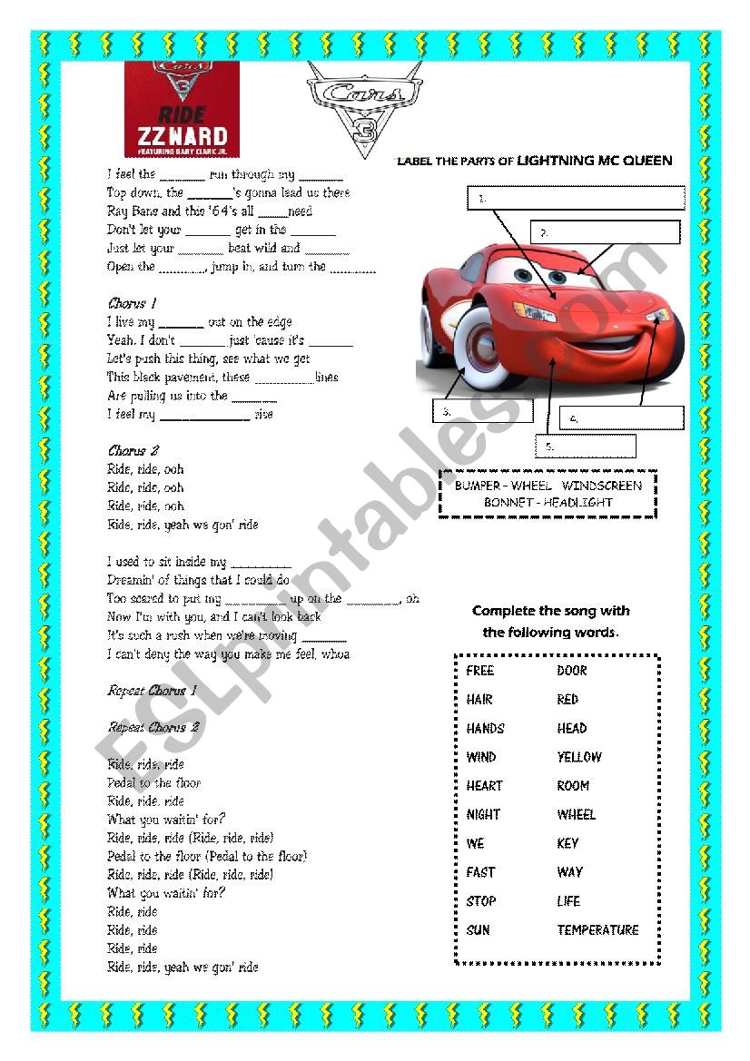 CARS Song Ride worksheet