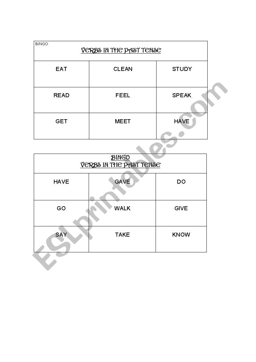 Bingo Past Simple worksheet