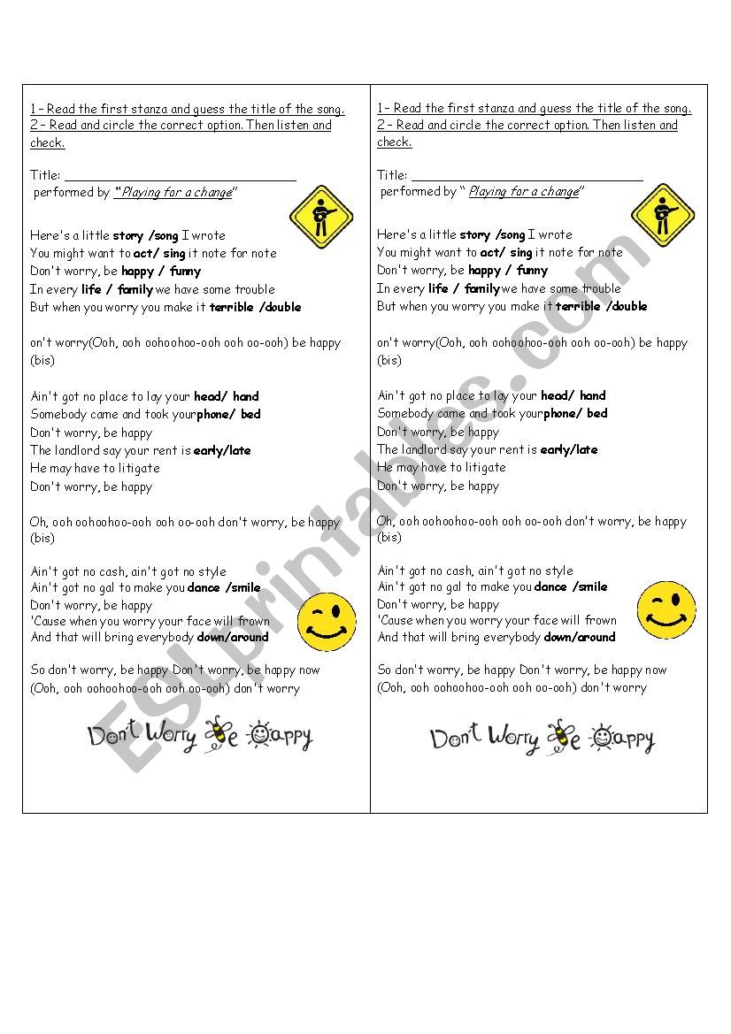 Song - Dont worry, be happy. worksheet