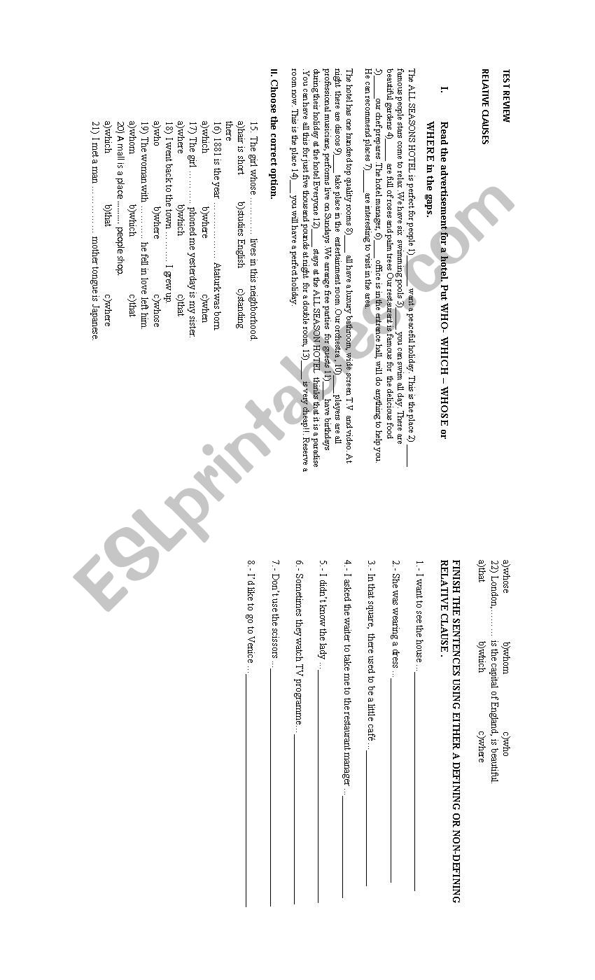 RELATIVE CLAUSES REVIEW worksheet