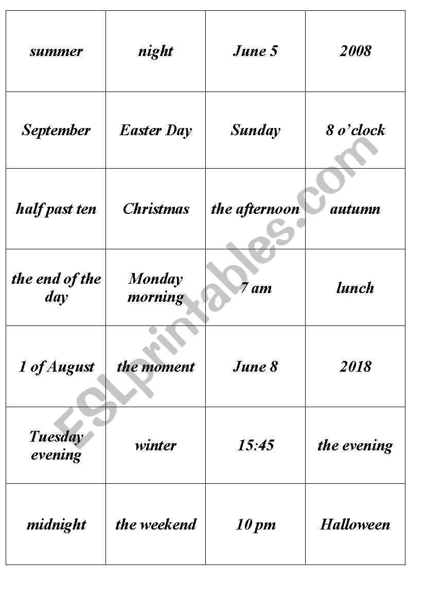 Time prepositions (warm-up cards)