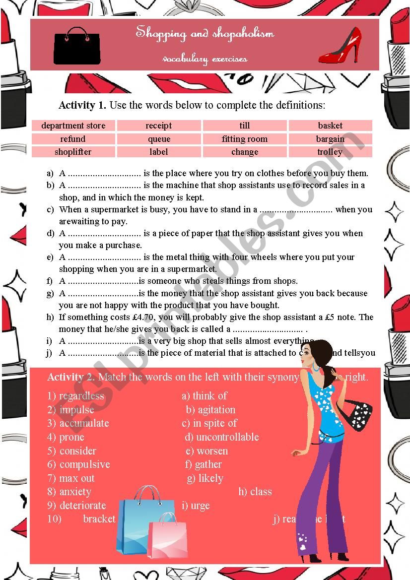 Shopping & shopaholism vocabulary activities