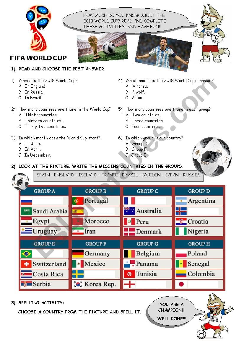 2018 World Cup activities worksheet