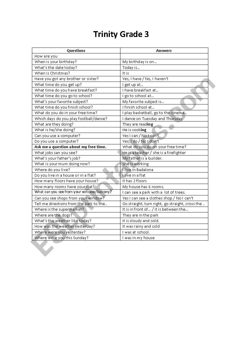 Trinity grade 3 worksheet