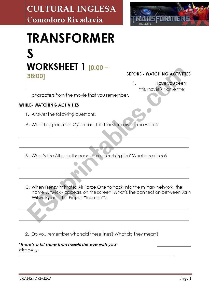 Transformers Worksheet 1 worksheet
