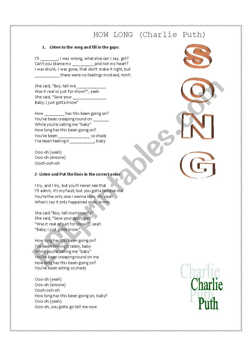 How Long (Charlie Puth) worksheet