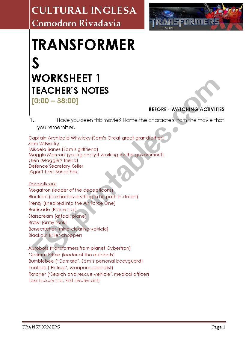 Transformers 1 Teachers notes