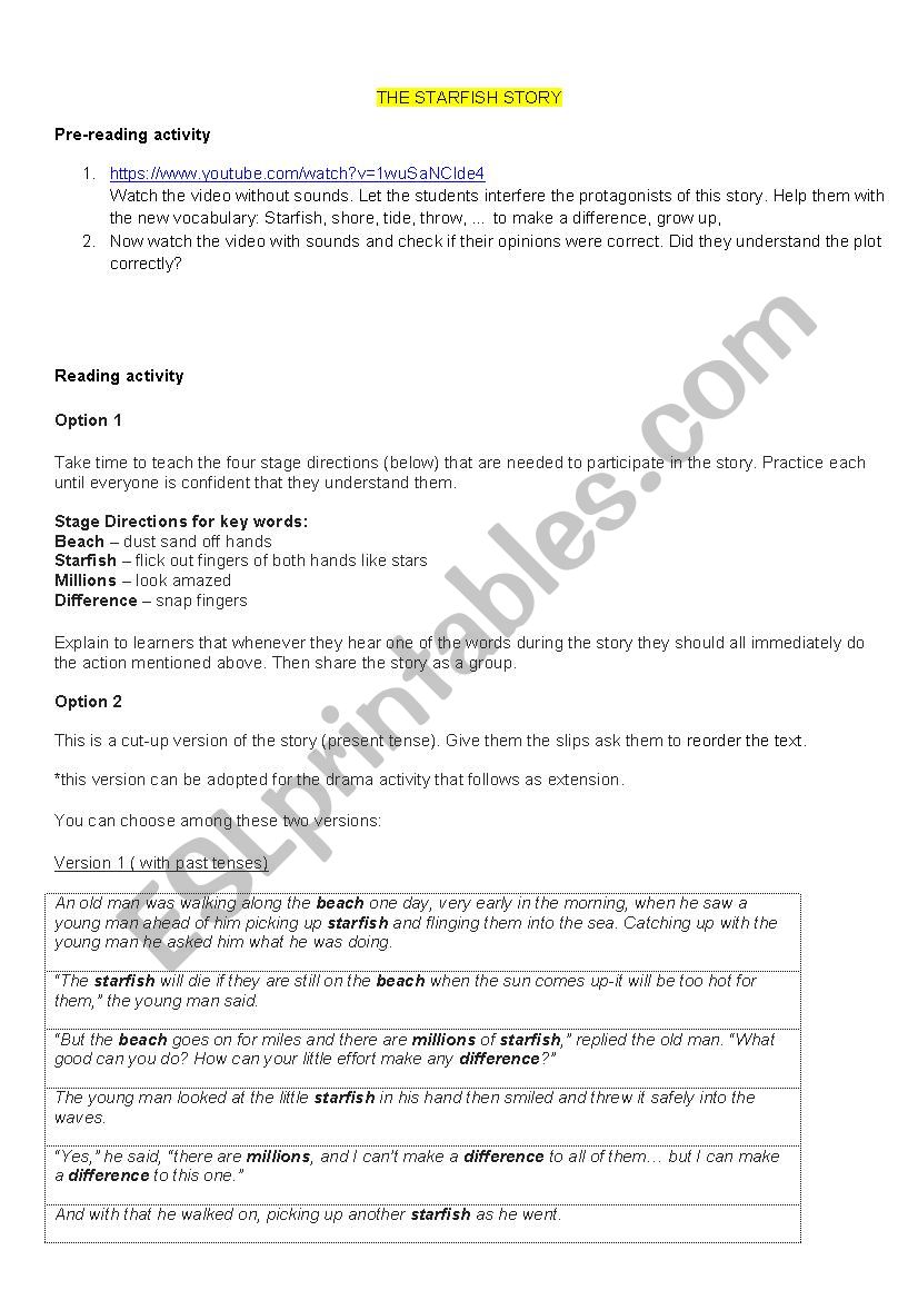 the starfish story worksheet