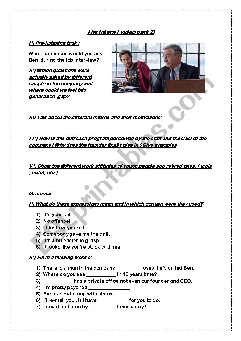 The intern video part 2 worksheet