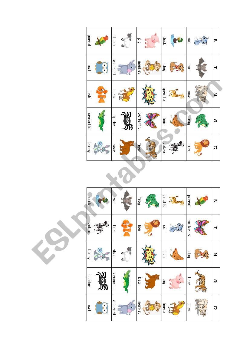 Animals bingo cards worksheet