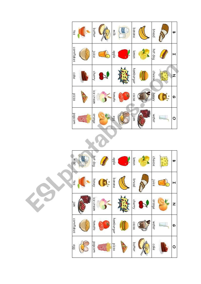 Food bingo cards worksheet