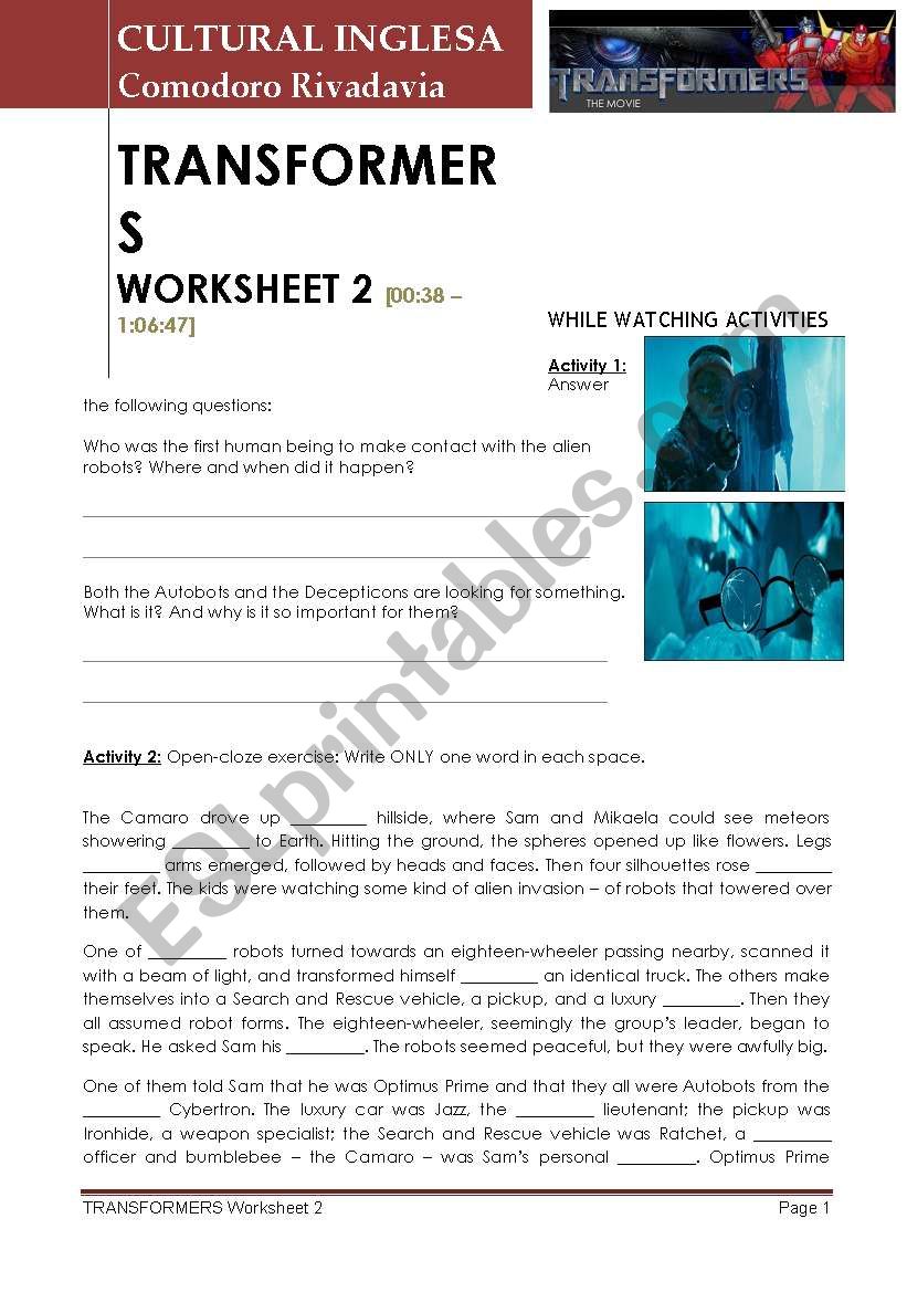 Transformers 2 worksheet