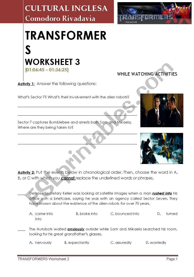 Transformers 3  worksheet