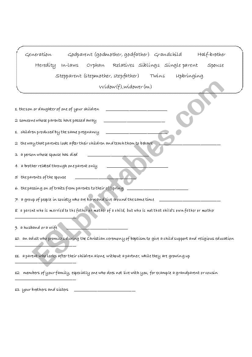 Family vocabulary worksheet