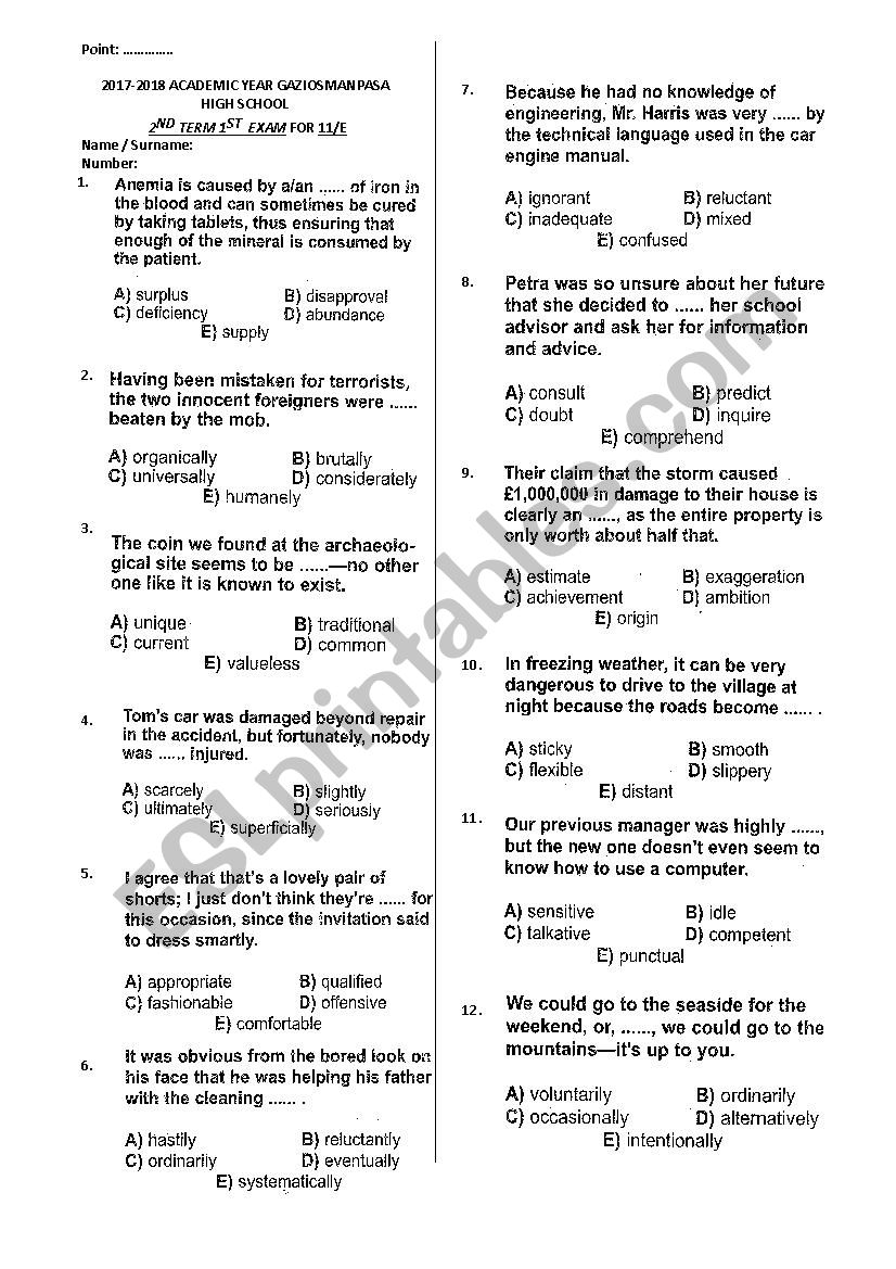 placement exam worksheet