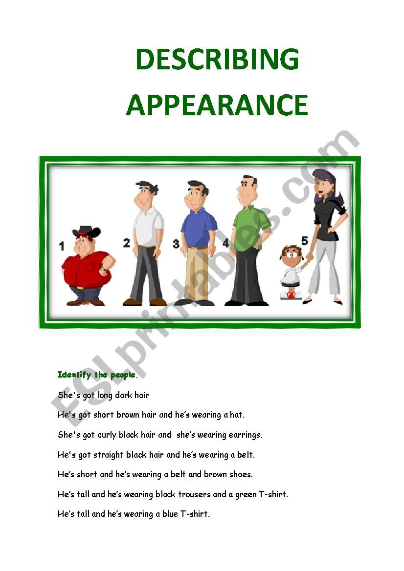 Describing appearance worksheet