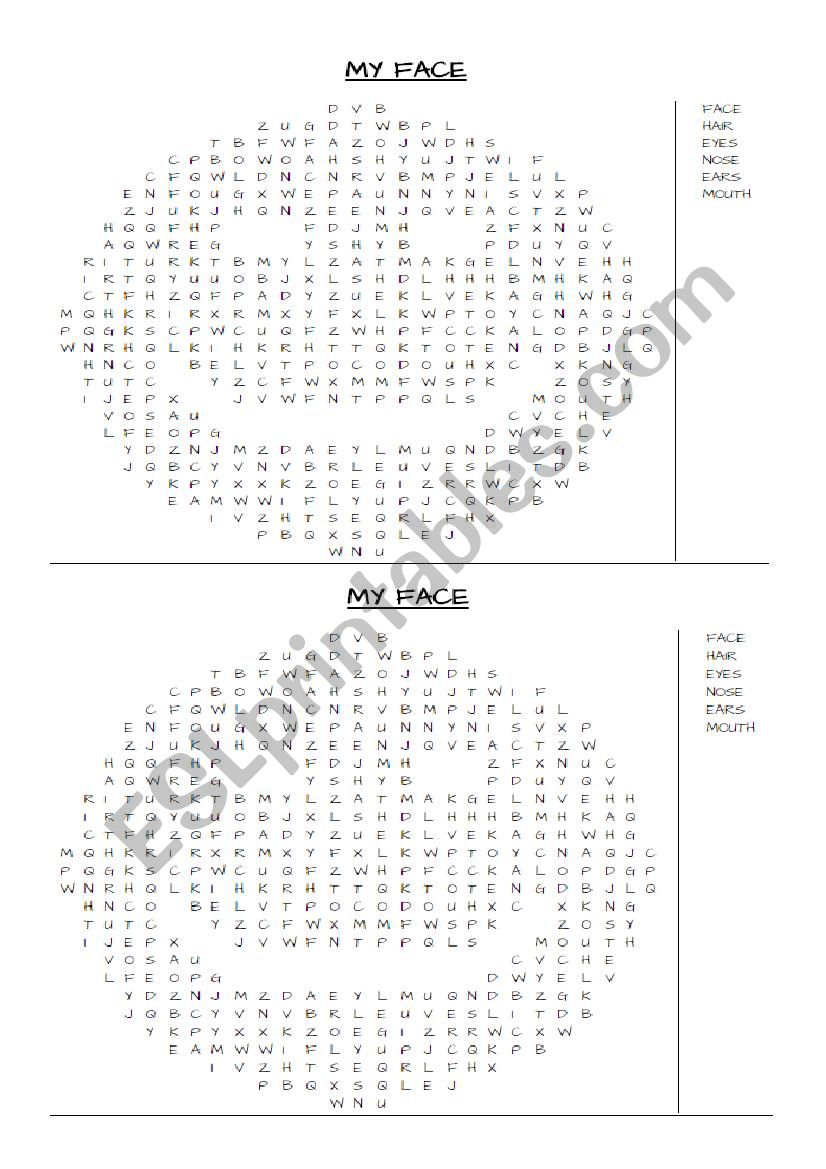 wordseach MY FACE worksheet