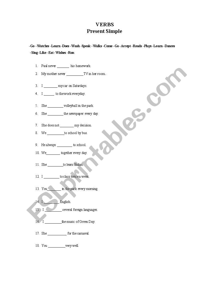 Verbs worksheet