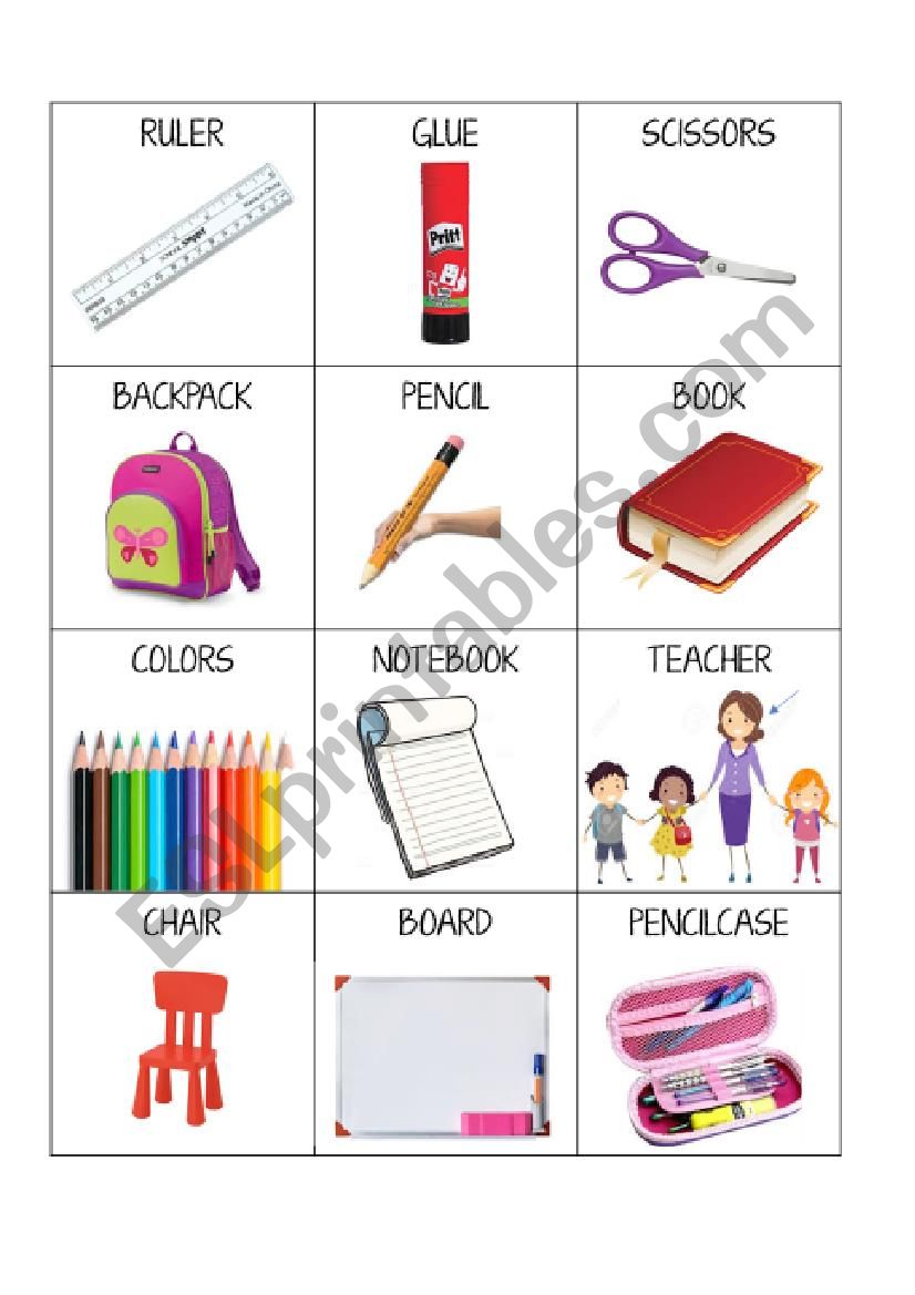 Classroom objects memory game worksheet